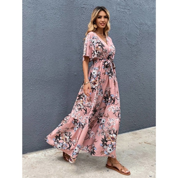 Surplice V Neck Floral Print Belted Short sleeve Maxi Dress pink - Picture 5 of 6